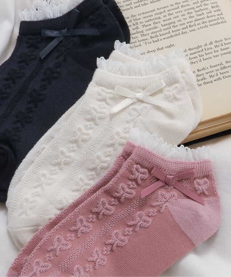 3P対象A リボン編み柄ショートソックス