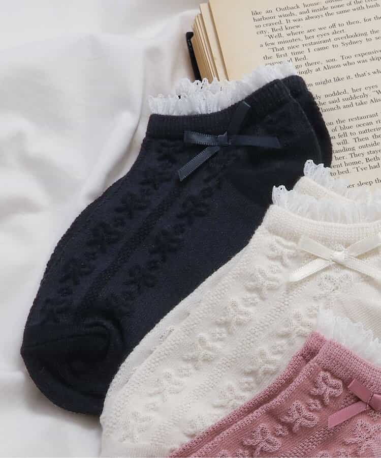 3P対象A リボン編み柄ショートソックス