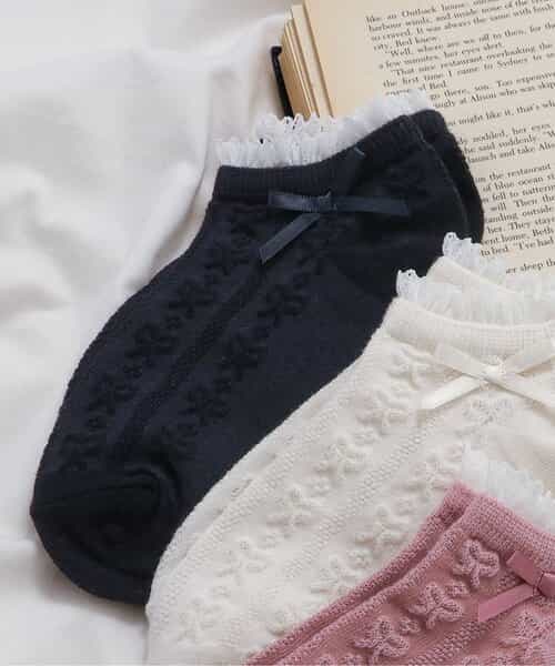3P対象A リボン編み柄ショートソックス