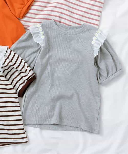 ★SALE★肩フリルフラワーモチーフTシャツ