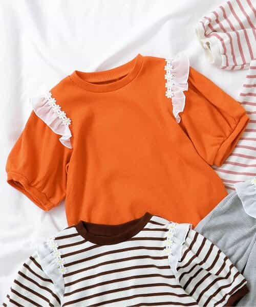 ★SALE★肩フリルフラワーモチーフTシャツ